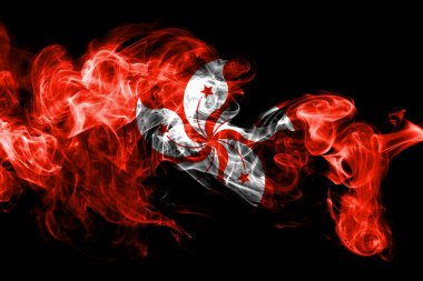 Hong Kong bayrağı renkli duman siyah arka plan üzerine izole yapılmış. Soyut ipeksi dalga arka plan.