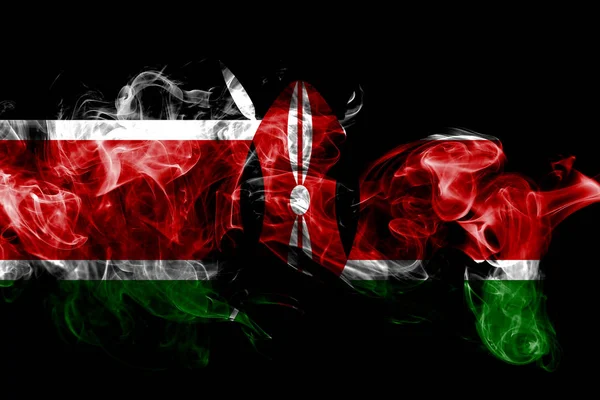 肯尼亚国旗由黑色背景上的有色烟雾制成 抽象丝质波浪背景 — 图库照片