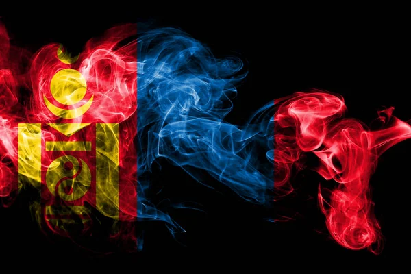 Nationalflagge Der Mongolei Aus Farbigem Rauch Isoliert Auf Schwarzem Hintergrund — Stockfoto