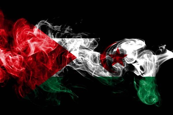 Flaga Narodowa Saharyjskich Wykonane Kolorowych Dymu Białym Czarnym Tle Jedwabiste — Zdjęcie stockowe
