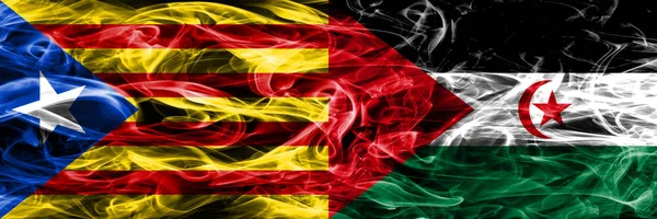 Catalonia Sahrawi Copy Smoke Flags Placed Side Side Thick Colored — Stock Photo, Image