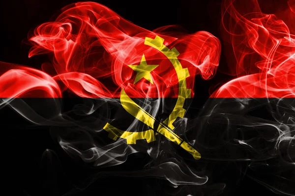 Angolas Flagga Tillverkad Färgad Rök Isolerad Svart Bakgrund — Stockfoto