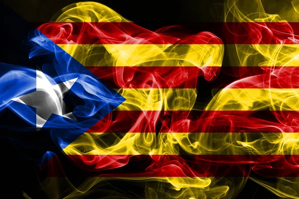 Bandeira Nacional Catalunha Feita Fumaça Colorida Isolada Fundo Preto — Fotografia de Stock