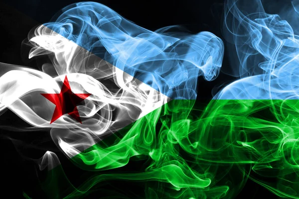 Djiboutis Flagga Tillverkad Färgad Rök Isolerad Svart Bakgrund — Stockfoto