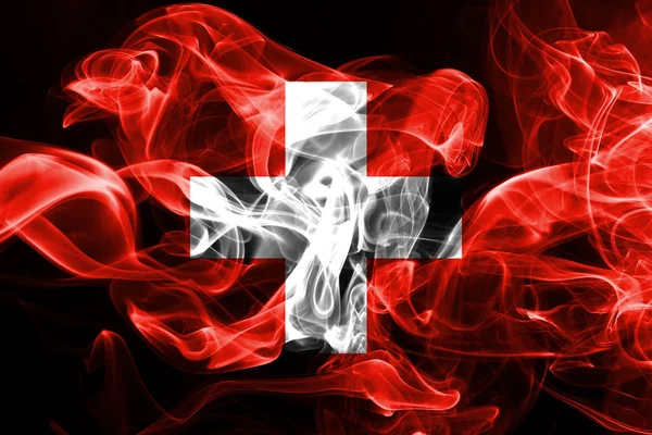 Schweiz Flagga Tillverkad Färgad Rök Isolerad Svart Bakgrund — Stockfoto