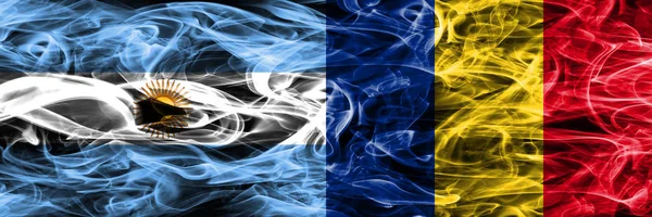 Argentína Románia Füst Zászlók Egymás Mellé Vastag Színes Füst Zászlói — Stock Fotó