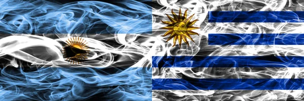 Drapeaux Fumigènes Argentine Uruguay Placés Côte Côte Drapeaux Fumée Soyeux — Photo