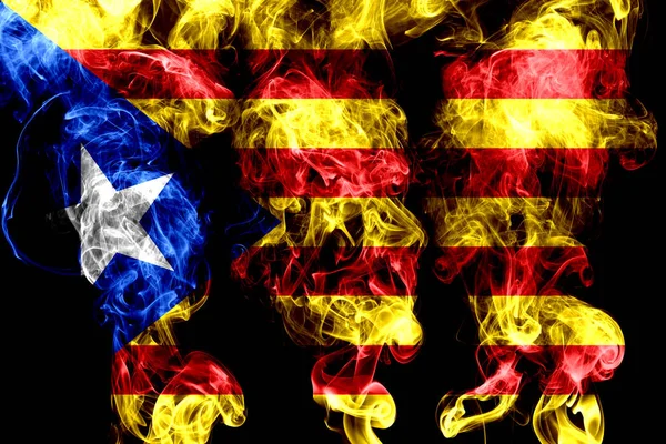 National Flag Catalonia Made Colored Smoke Isolated Black Background — Stock Photo, Image