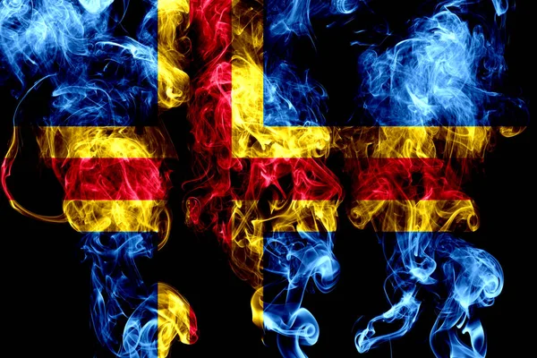 Flaga Narodowa Aland Wykonane Kolorowych Dymu Białym Czarnym Tle — Zdjęcie stockowe