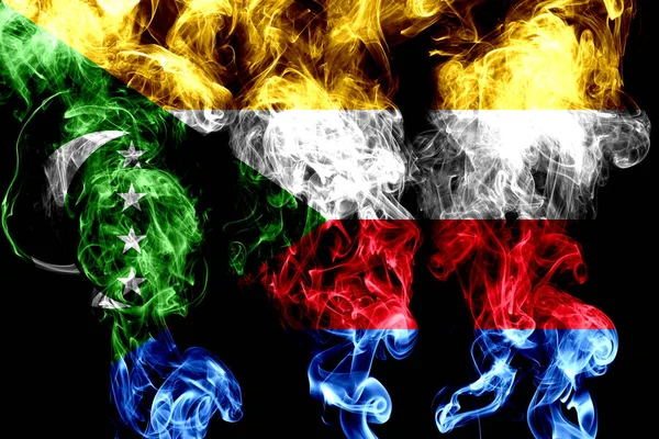 National Flag Comoros Made Colored Smoke Isolated Black Background — Stock Photo, Image