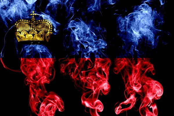 Nationale Vlag Van Liechtenstein Gemaakt Van Gekleurde Rook Geïsoleerd Zwarte — Stockfoto