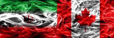 Iran vs duman Kanada bayrakları yan yana yerleştirilmiş. İran ve Kanada ipeksi duman bayrakları renkli kalın