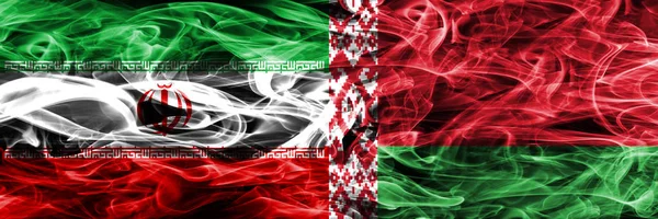Ιράν Εναντίον Λευκορωσία Καπνίζουν Σημαίες Που Τοποθετούνται Δίπλα Δίπλα Χοντρό — Φωτογραφία Αρχείου