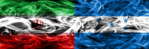 Irán Honduras Banderas Humo Colocadas Una Lado Otra Banderas Humo —  Fotos de Stock