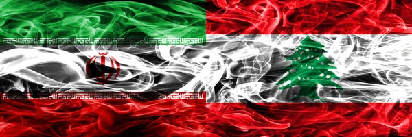 Іран Проти Ліван Дим Прапори Розміщені Поруч Товста Кольорові Шовковистою — стокове фото