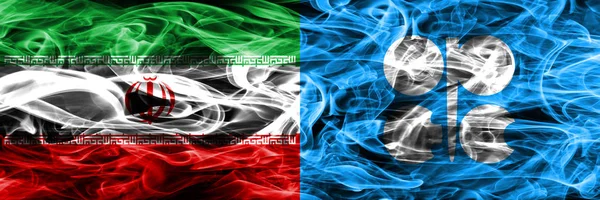 Irán Banderas Humo Opep Colocadas Lado Lado Banderas Humo Sedoso — Foto de Stock