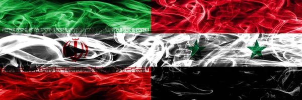 Iran Syria Smoke Flags Placed Side Side Thick Colored Silky — Stock Photo, Image