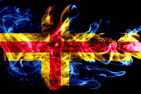 Flaga Narodowa Aland Wykonane Kolorowych Dymu Białym Czarnym Tle Jedwabiste — Zdjęcie stockowe