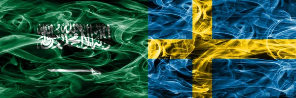 Saudi Arabia Sweden Smoke Flags Placed Side Side Thick Colored — Stock Photo, Image