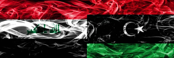 Irak Libya Buntes Konzept Rauchfahnen Nebeneinander Platziert — Stockfoto
