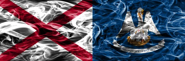 アラバマ対ルイジアナ カラフルな概念煙フラグ サイド サイド配置 — ストック写真