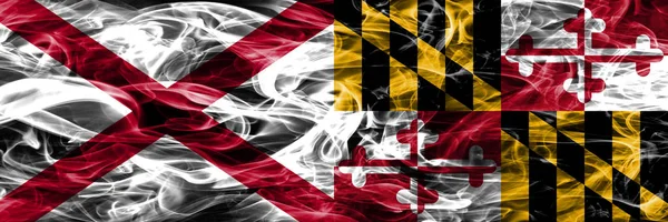 Alabama Maryland Drapeaux Fumée Concept Coloré Placés Côte Côte — Photo