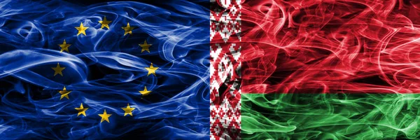Europese Unie Wit Rusland Kleurrijke Concept Rook Vlaggen Naast Elkaar — Stockfoto