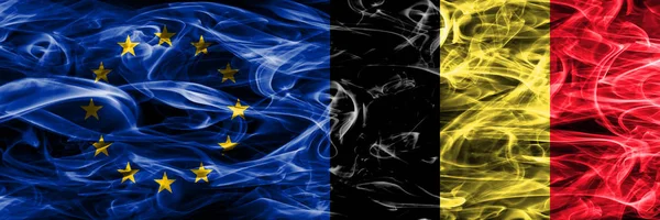 Flagi Unii Europejskiej Belgia Kolorowy Koncepcja Dym Umieszczone Obok Siebie — Zdjęcie stockowe