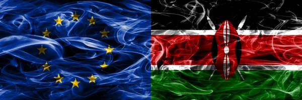 Europe Union and Kenya colorful concept smoke flags placed side by side