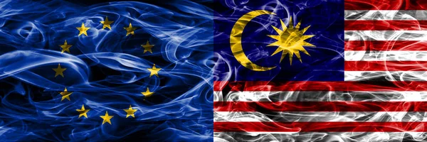 Drapeaux Fumée Concept Coloré Union Européenne Malaisie Placés Côte Côte — Photo