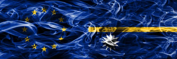 Europe Union and Nauru colorful concept smoke flags placed side by side