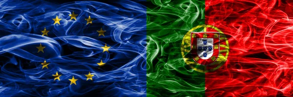 Europe Union and Portugal colorful concept smoke flags placed side by side