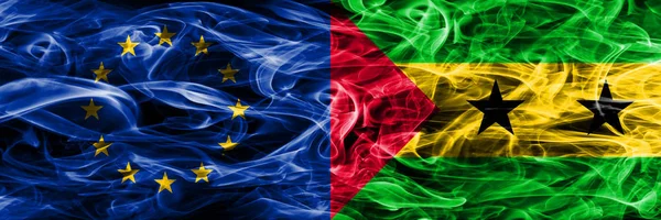 Europe Union and Sao Tome and Principe colorful concept smoke flags placed side by side