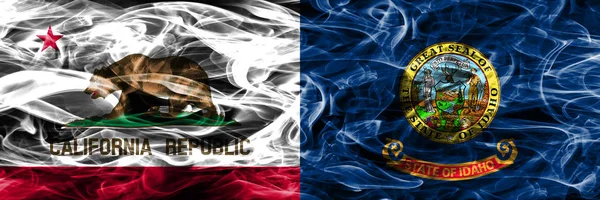 California Idaho Bandeiras Fumaça Conceito Colorido Colocados Lado Lado — Fotografia de Stock
