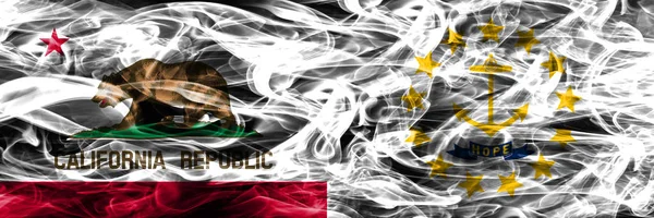 California Rhode Island Colorful Concept Smoke Flags Placed Side Side — Stock Photo, Image