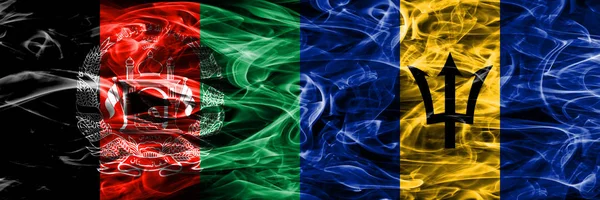 Афганистан Barbados Дымят Флагами Расставленными Рядом Толстые Шёлковые Дымовые Флаги — стоковое фото