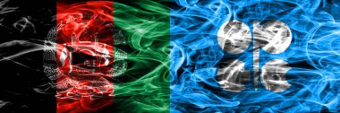 Afganistan vs Opec duman bayrakları yan yana yerleştirilmiş. Afgan ve Opec ipeksi duman bayrakları renkli kalın