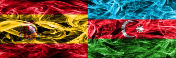 Spain Azerbaijan Smoke Flags Placed Side Side Thick Colored Silky — Stock Photo, Image