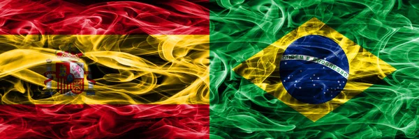 Spain Brazil Smoke Flags Placed Side Side Thick Colored Silky — Stock Photo, Image