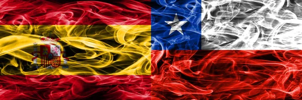 Spain Chile Smoke Flags Placed Side Side Thick Colored Silky — Stock Photo, Image