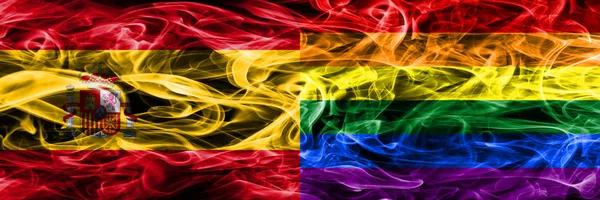 Spain Gay Smoke Flags Placed Side Side Thick Colored Silky — Stock Photo, Image