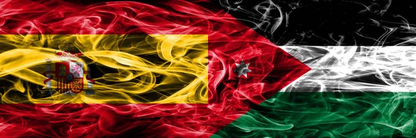 Испания Против Иордании Дымят Флагами Расположенными Рядом Толстые Цветные Шелковистые — стоковое фото