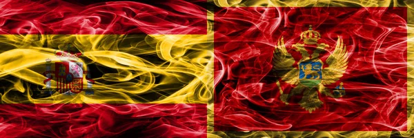 Іспанії Проти Чорногорії Димові Прапори Розміщені Поруч Товста Кольорові Шовковистою — стокове фото