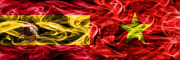 Spanien Vietnam Rök Flaggor Placeras Sida Vid Sida Tjock Färgad — Stockfoto