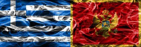 Ελλάδα Μαυροβούνιο Καπνίζουν Σημαίες Που Τοποθετούνται Δίπλα Δίπλα Χοντρό Χρωματιστό — Φωτογραφία Αρχείου