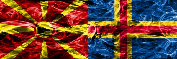 Macedónia Aland Bandeiras Fumaça Conceito Colorido Colocado Lado Lado — Fotografia de Stock