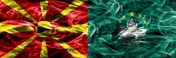 Μακεδονίας Μακάο Σημαίες Πολύχρωμο Έννοια Καπνού Τοποθετούνται Δίπλα Δίπλα — Φωτογραφία Αρχείου