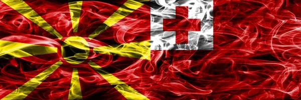 Macedónia Tonga Conceito Colorido Bandeiras Fumaça Colocados Lado Lado — Fotografia de Stock
