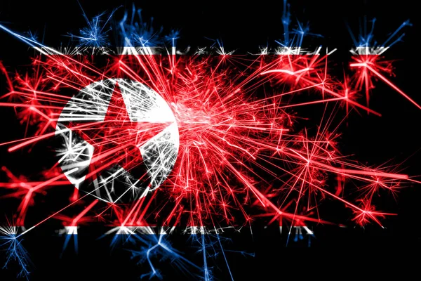 Kuzey Kore bayrağı köpüklü havai fişekler. Yeni yıl 2019 ve Noel partisi konsepti