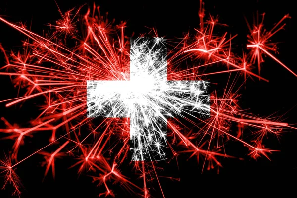 İsviçre bayrağı köpüklü havai fişekler. Yeni yıl 2019 ve Noel partisi konsepti